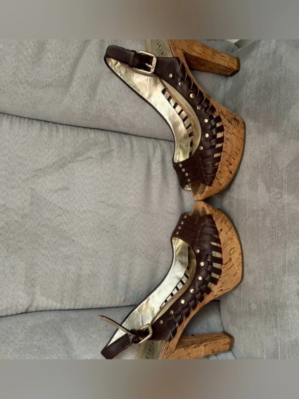 Guess Brown Woven Cork Platform Sandals 6.5